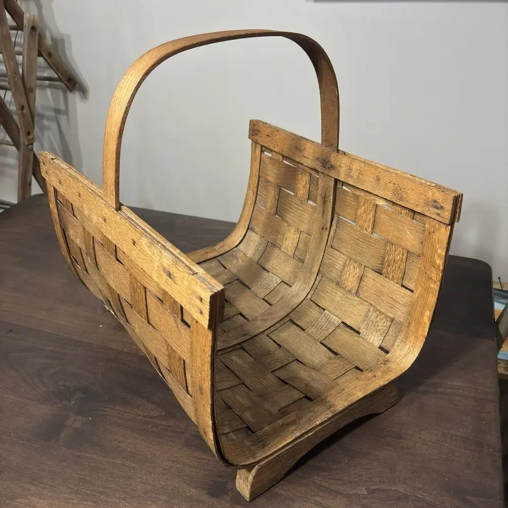 Vtg Lg Wood Fireplace Log Kindling Basket Caddy American Primitive Rustic Cabin